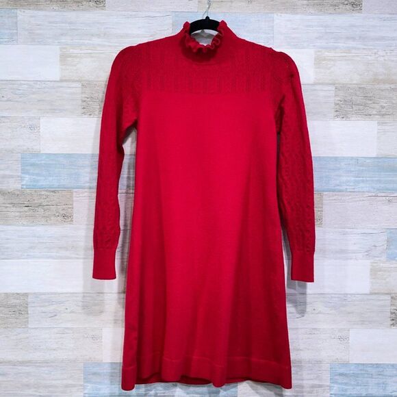 LOFT Ruffle Turtleneck Pointelle Sweater Dress Red Womens XSP - Picture 1 of 6